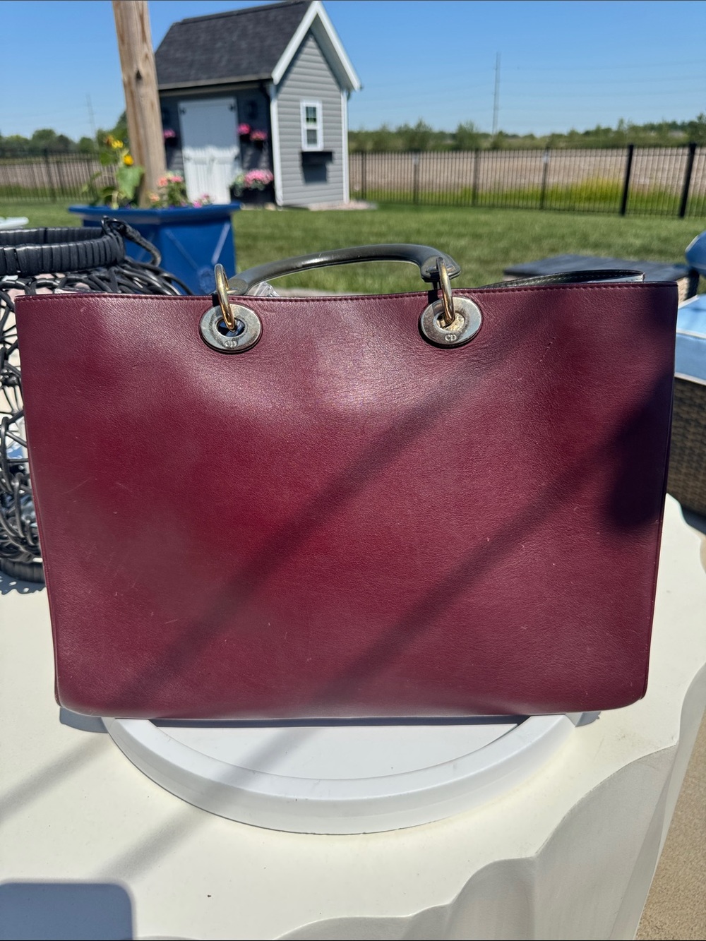 Dior Diorissimo Burgundy Leather Tote with Gray Handles - Picture 3 of 5